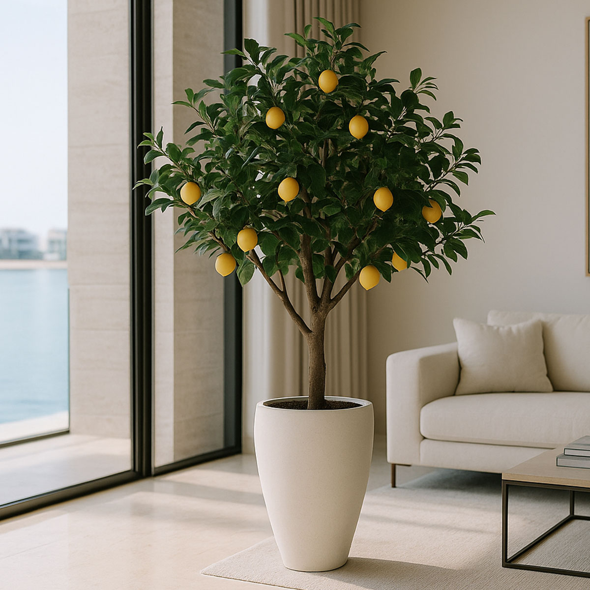 Piante artificiali fiorite semi-naturali Limone realizzato su misura su tronco naturale.